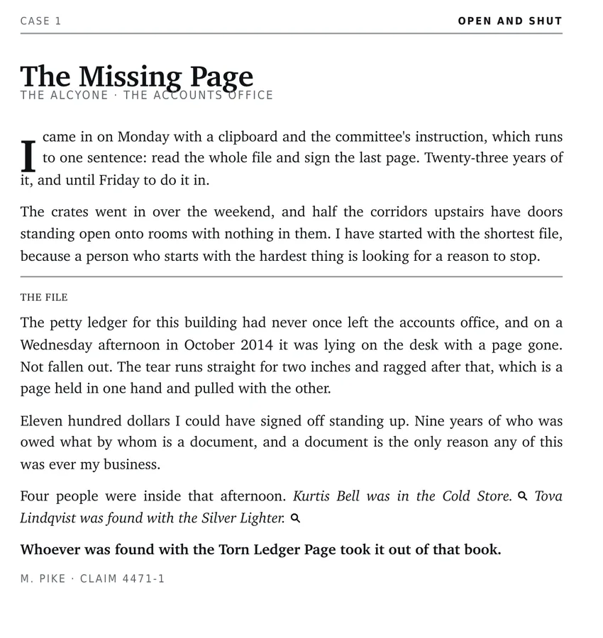 Authentic interior story page from The Missing Page case